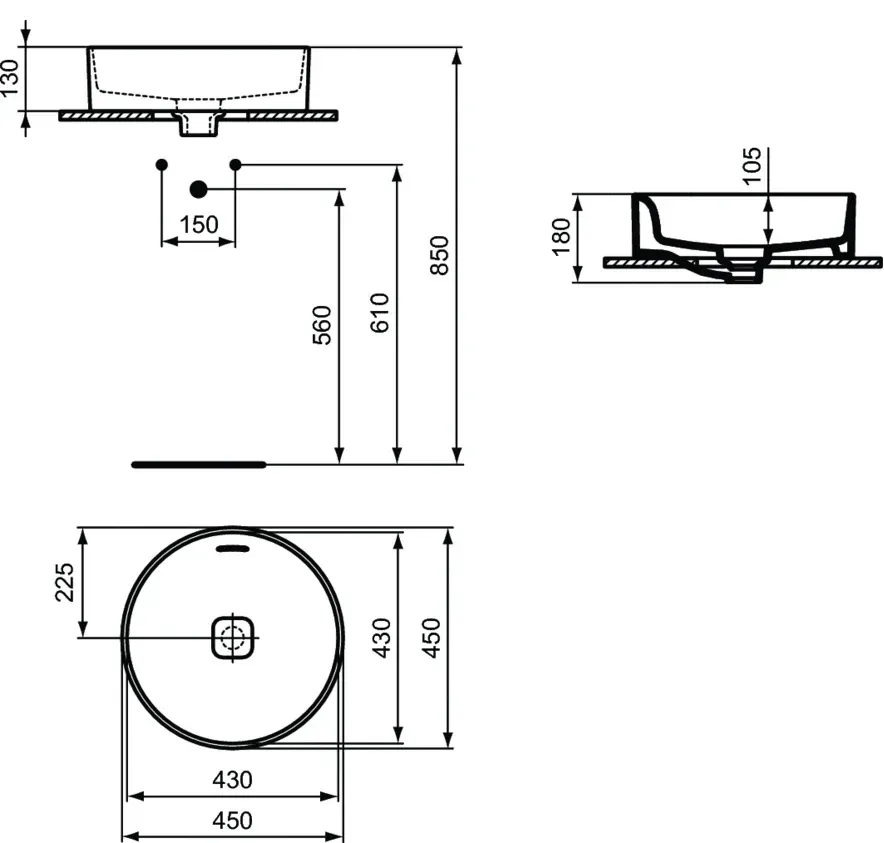 Габаритная схема Раковина Ideal Standard Strada II T296101 45 см