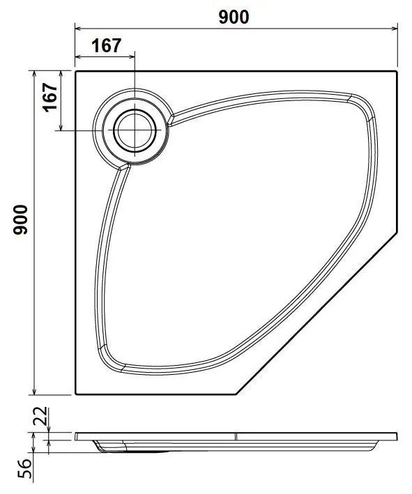 Габаритная схема Поддон для душа Cezares TRAY-S-P-90-56-W