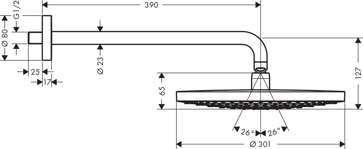 Габаритная схема Верхний душ Hansgrohe Raindance Select S 27378000