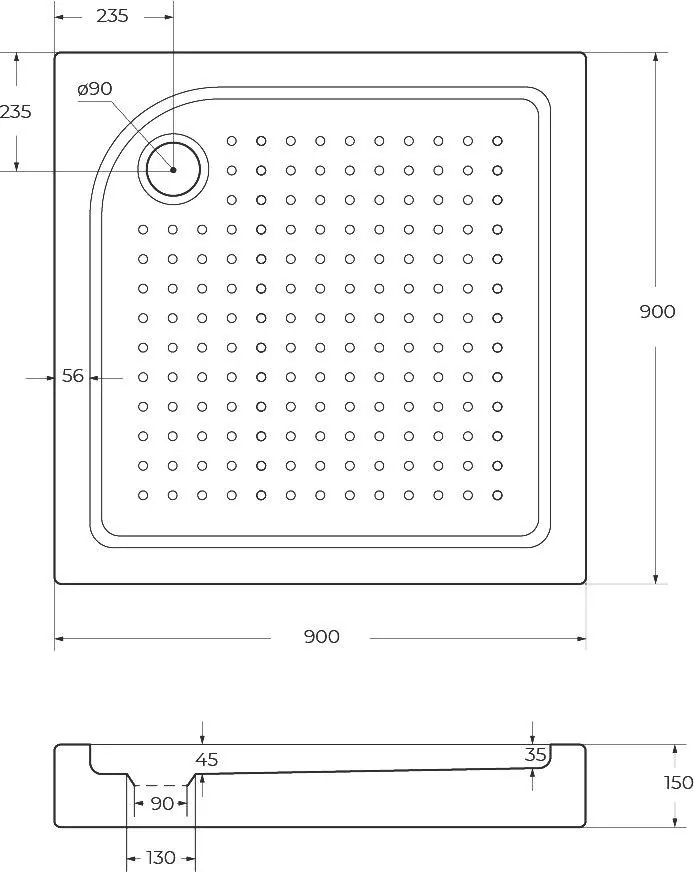 Габаритная схема Поддон для душа BelBagno TRAY-BB-A-90-15-W