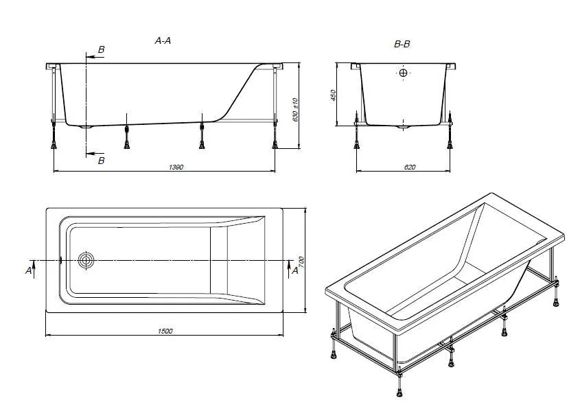Габаритная схема Акриловая ванна Roca Easy 150x70