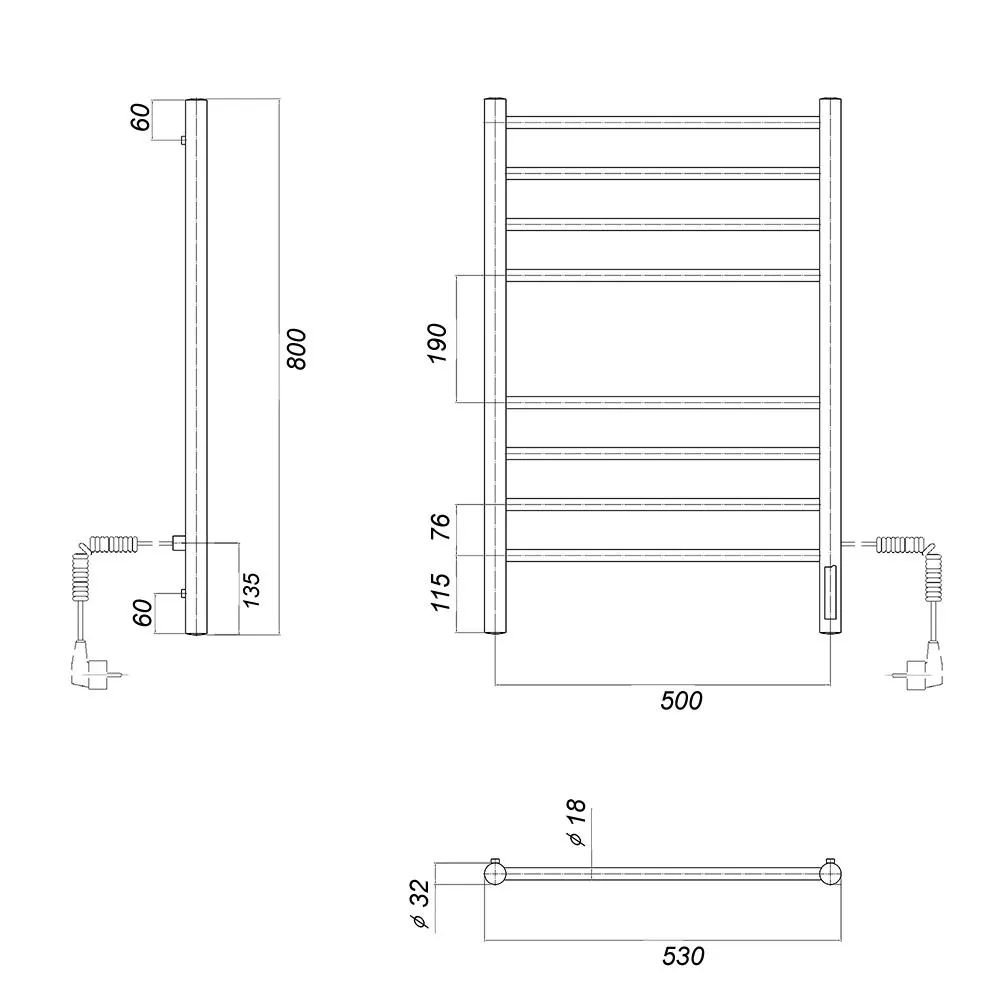 Габаритная схема Полотенцесушитель электрический Domoterm Медея П8 50x90