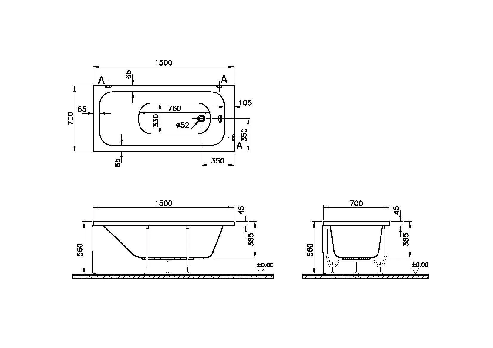 Габаритная схема Акриловая ванна Vitra Optimum Neo 150x70
