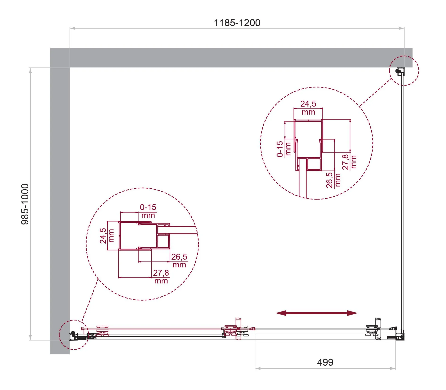 Габаритная схема Душевой уголок BelBagno Luce AH-1-120/100-C-Cr