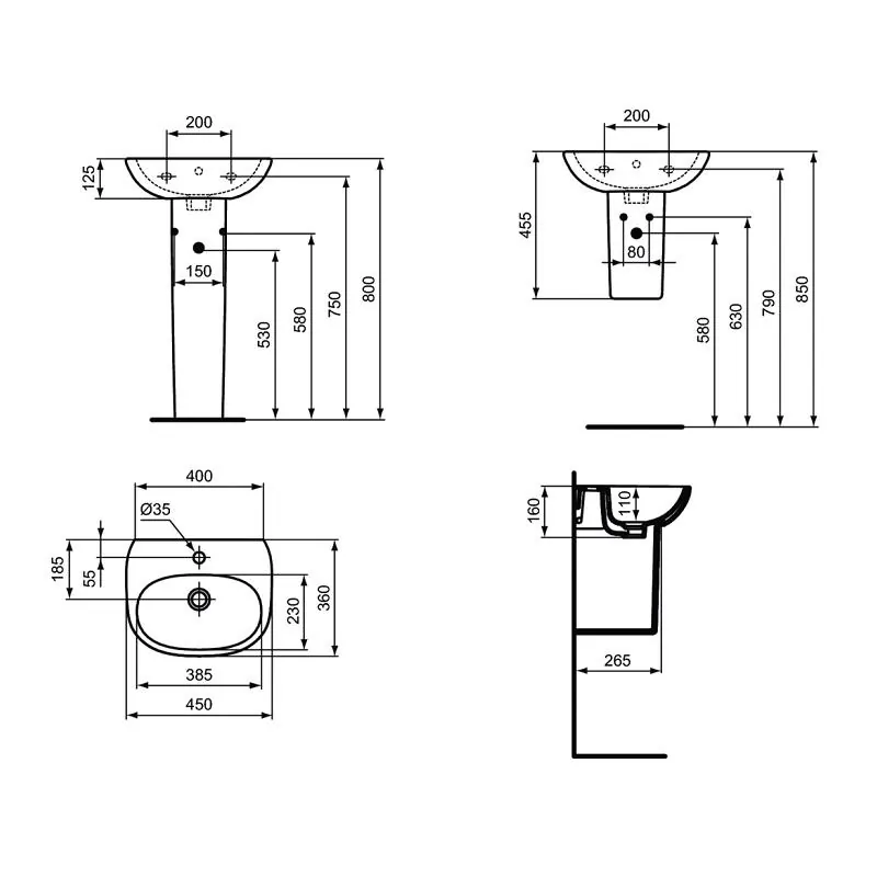 Габаритная схема Раковина Ideal Standard Tesi 45 T352401