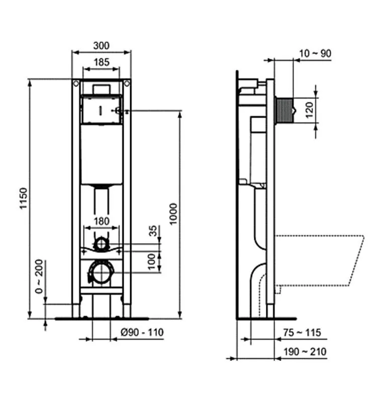 Габаритная схема Комплект Ideal Standard Eurovit W660101 (подвесной унитаз + инсталляция + сиденье)