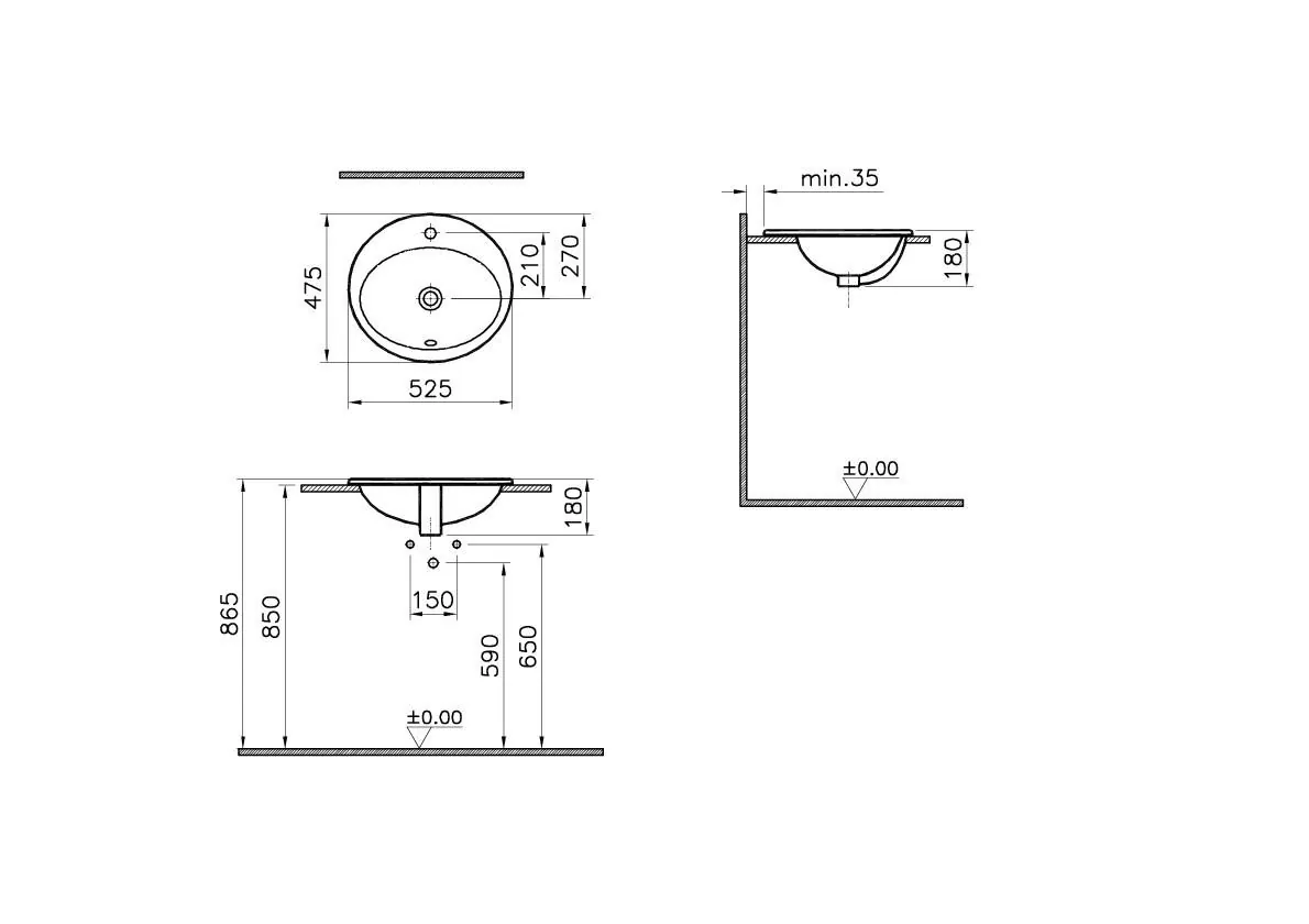 Габаритная схема Раковина Vitra S20 5468B003-0001 50 см