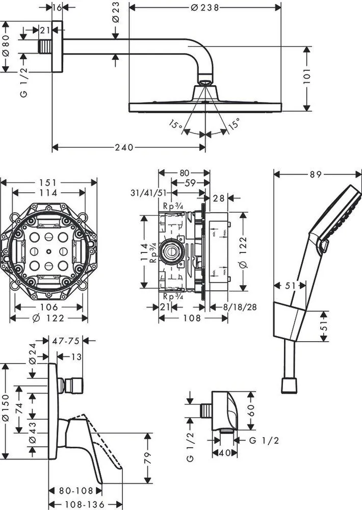 Габаритная схема Душевой комплект Hansgrohe Crometta S 27958000