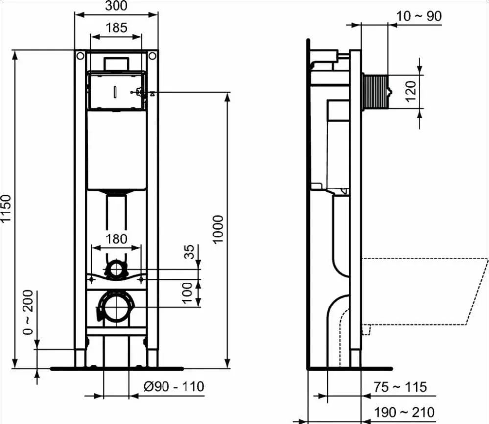 Габаритная схема Комплект Ideal Standard Exacto X022601 (подвесной унитаз + инсталляция + сиденье)