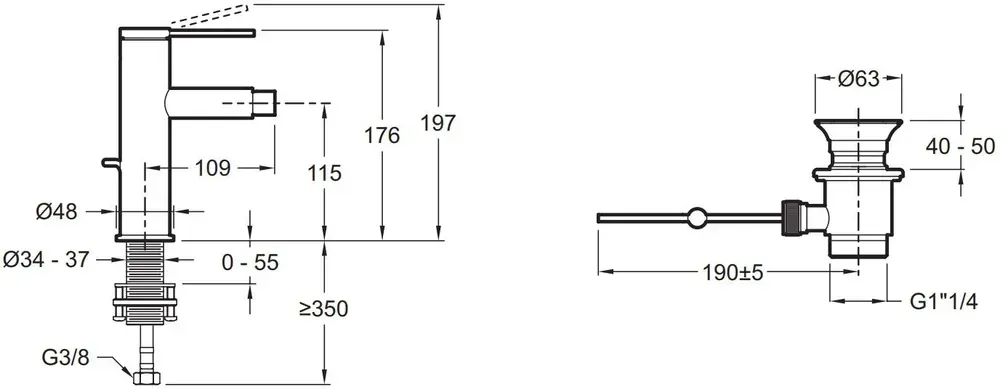 Габаритная схема Смеситель Jacob Delafon Grands Boulevards E77982-4A-CP для биде