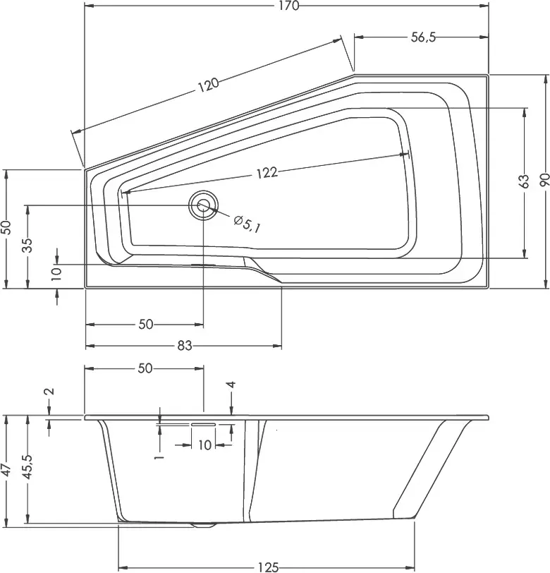 Габаритная схема Акриловая ванна Riho Rething Space 170x90 R