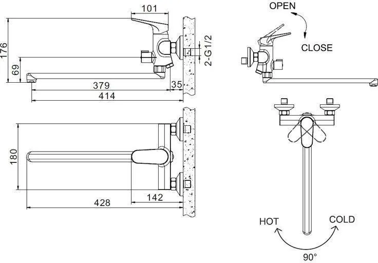 Габаритная схема Смеситель Bravat Eler F6191238CP-01L-RUS для ванны с душем