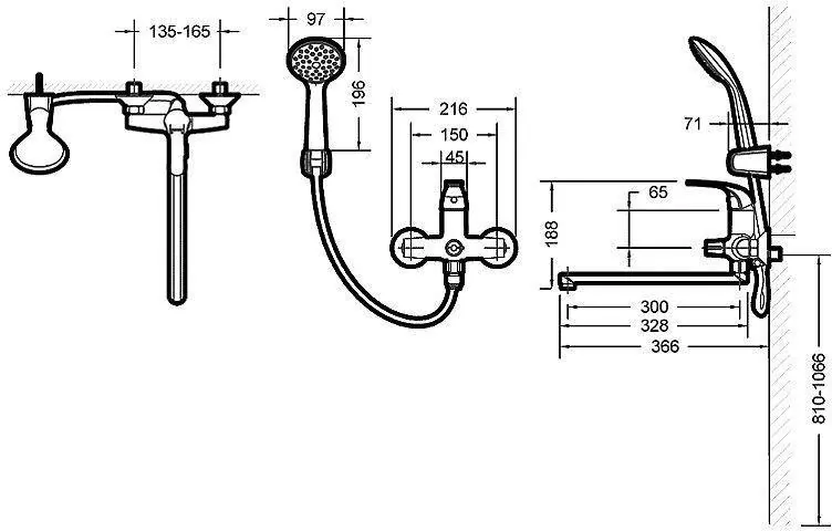Габаритная схема Душевой комплект Bravat Fit F00416C 2 в 1