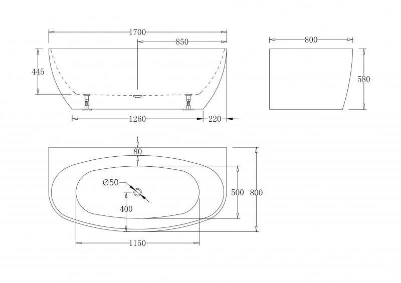 Габаритная схема Акриловая ванна BelBagno BB83-1700-W0 170х80