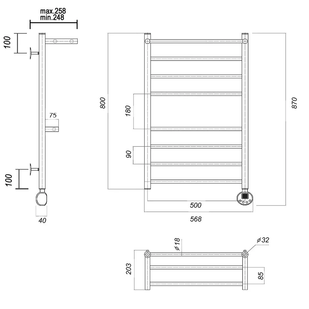 Габаритная схема Полотенцесушитель электрический Domoterm Медея 50x80 R с двумя полками