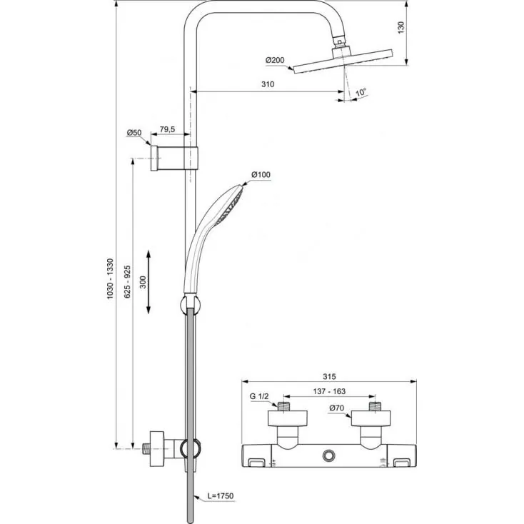 Габаритная схема Душевая стойка Ideal Standard Ceratherm T25 A7546XG