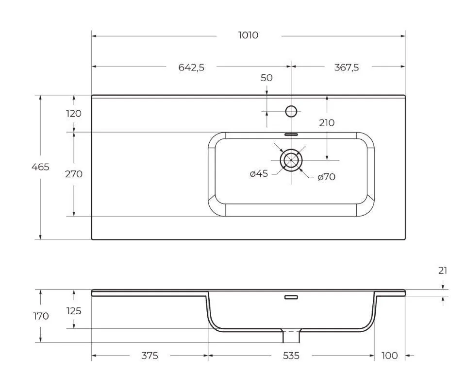 Габаритная схема Мебельная раковина BelBagno BB1000ETL-R 100 см