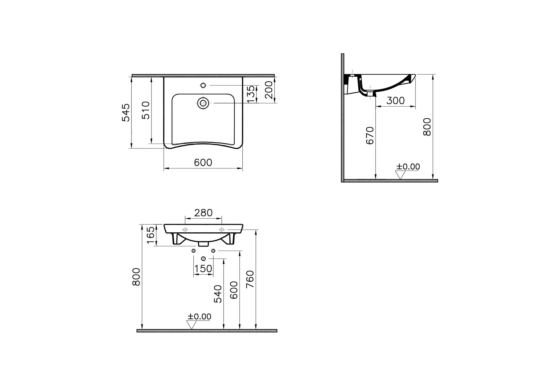 Габаритная схема Раковина Vitra Conforma 5289B003-0001 60 см