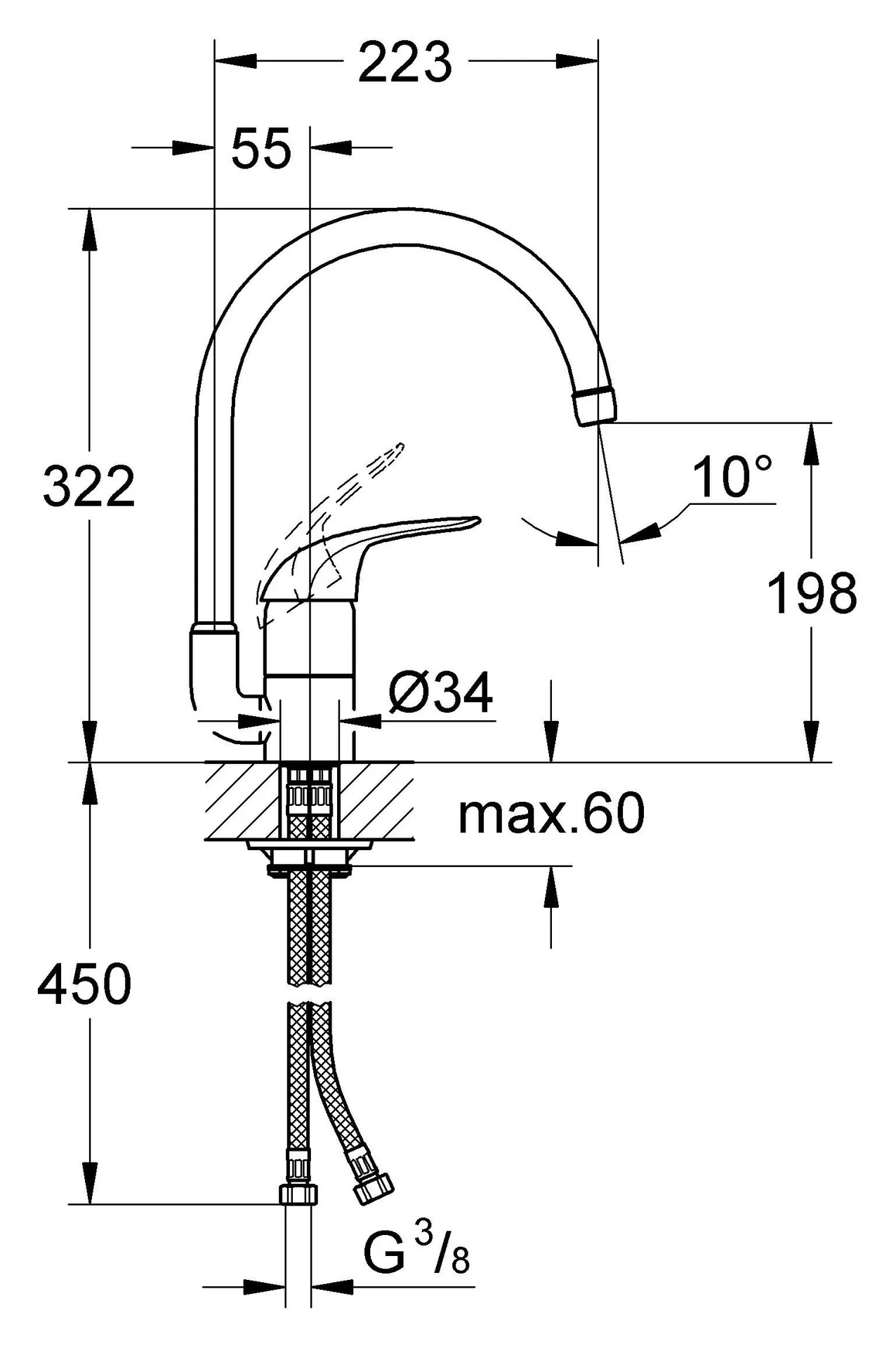 Габаритная схема Смеситель Grohe Euroeco 32752000 для кухонной мойки
