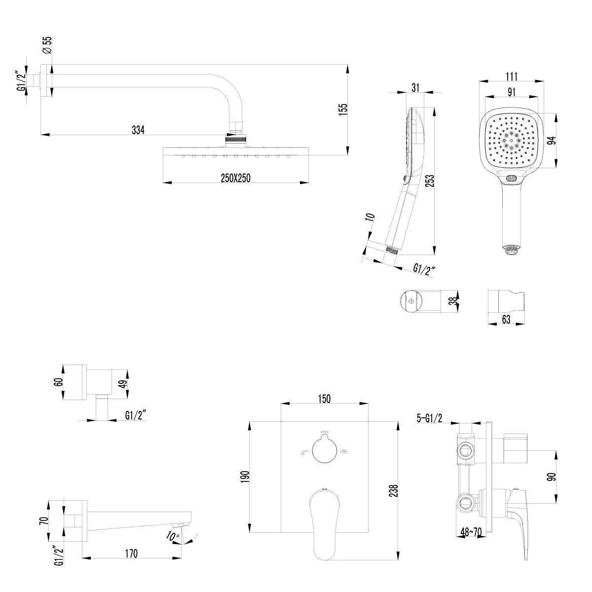 Габаритная схема Душевой комплект Lemark Shift LM4322C