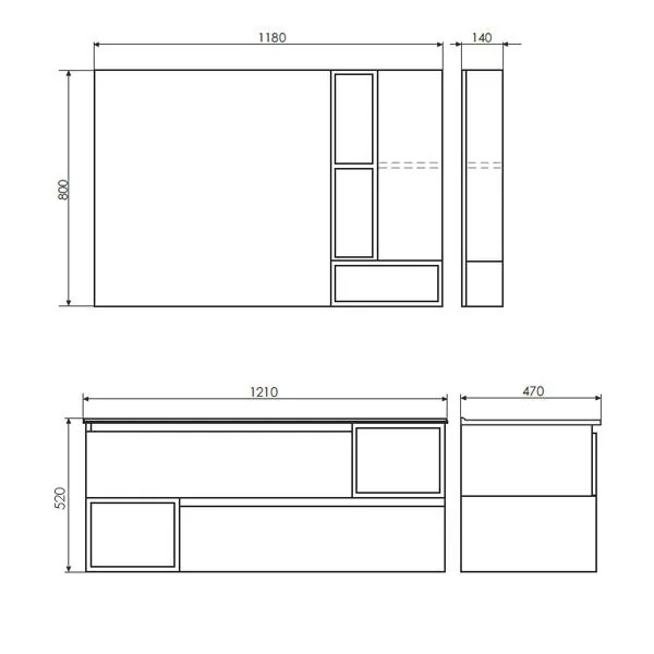 Габаритная схема Тумба с раковиной Comforty Турин 120М дуб бежевый