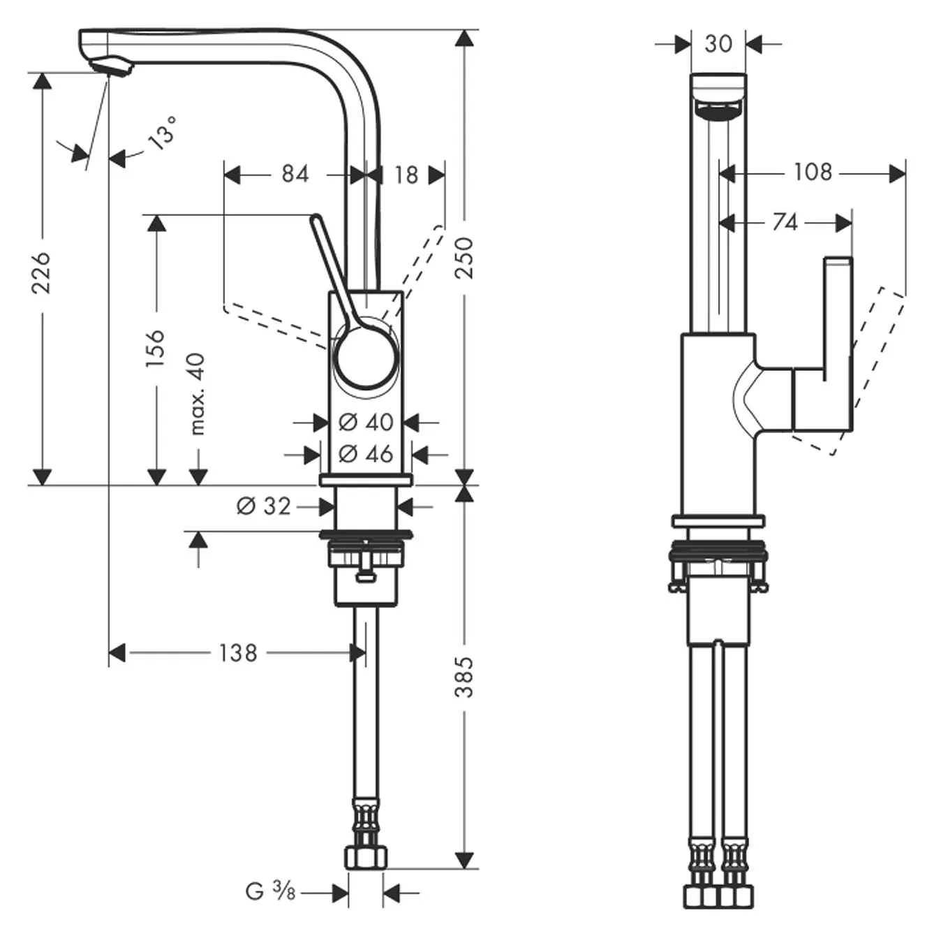 Габаритная схема Смеситель Hansgrohe Metris S 31161000 для раковины