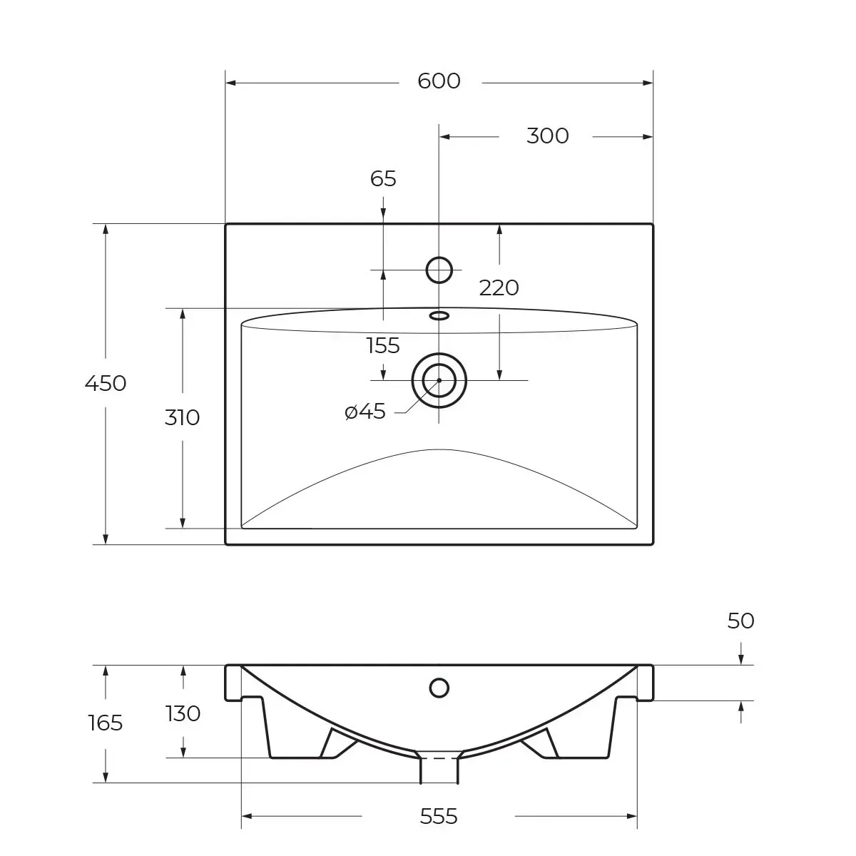 Габаритная схема Мебельная раковина BelBagno BB-0320-60-LVB 60 см