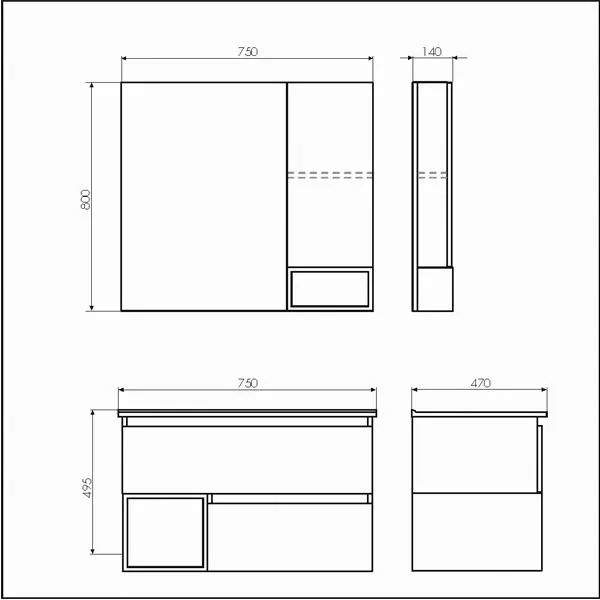 Габаритная схема Зеркало-шкаф Comforty Турин 75 дуб бежевый