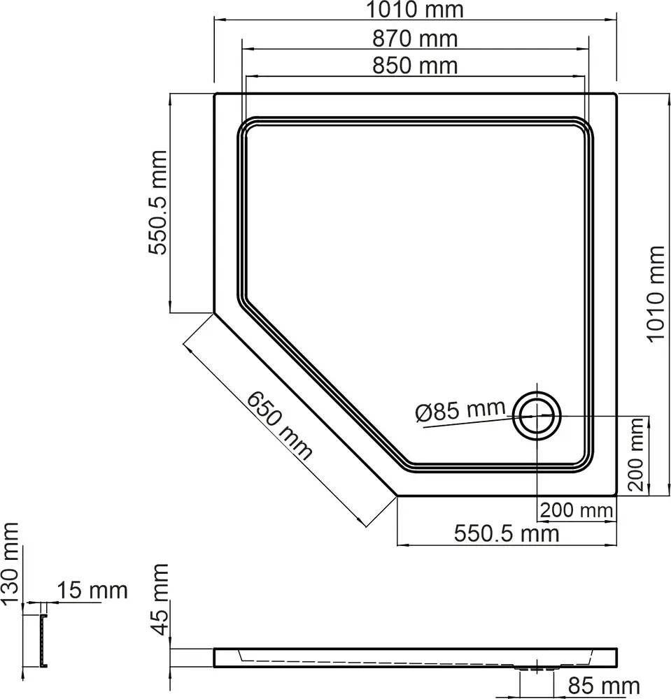 Габаритная схема Поддон для душа Wasserkraft Isen 26T38 100x100 см
