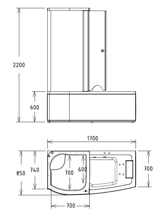 Габаритная схема Акриловая ванна Gemy G8040 B L 170х85