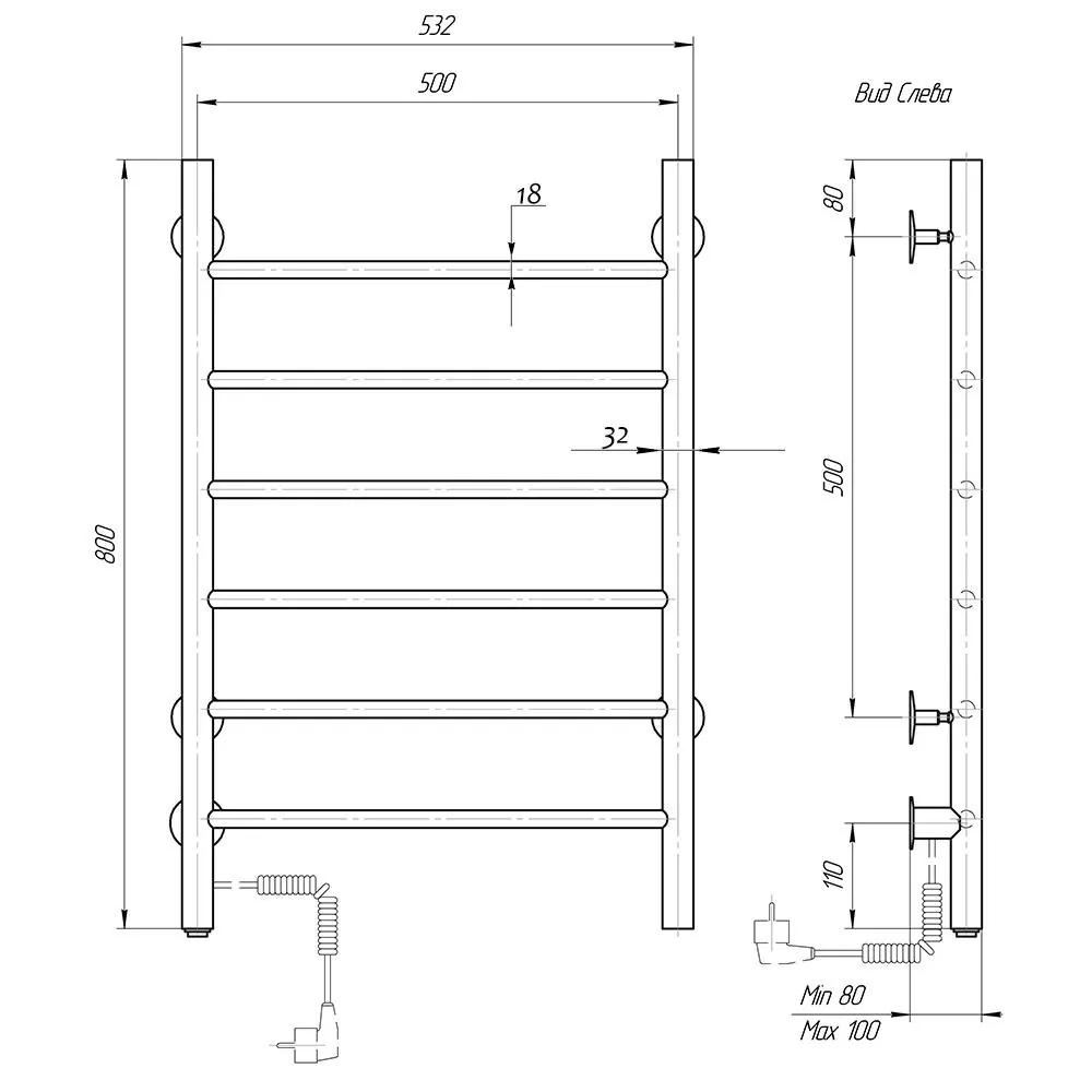 Габаритная схема Полотенцесушитель электрический Domoterm Классик 50x80 L