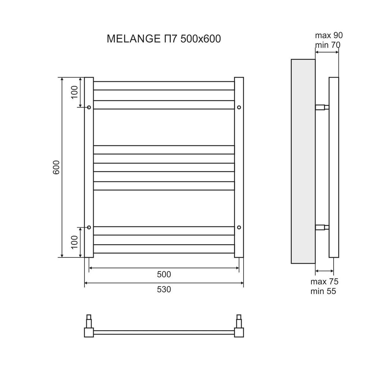 Габаритная схема Полотенцесушитель водяной Lemark Melange П7 50x60, хром