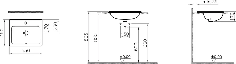 Габаритная схема Раковина Vitra S20 5465B003-0001 55 см