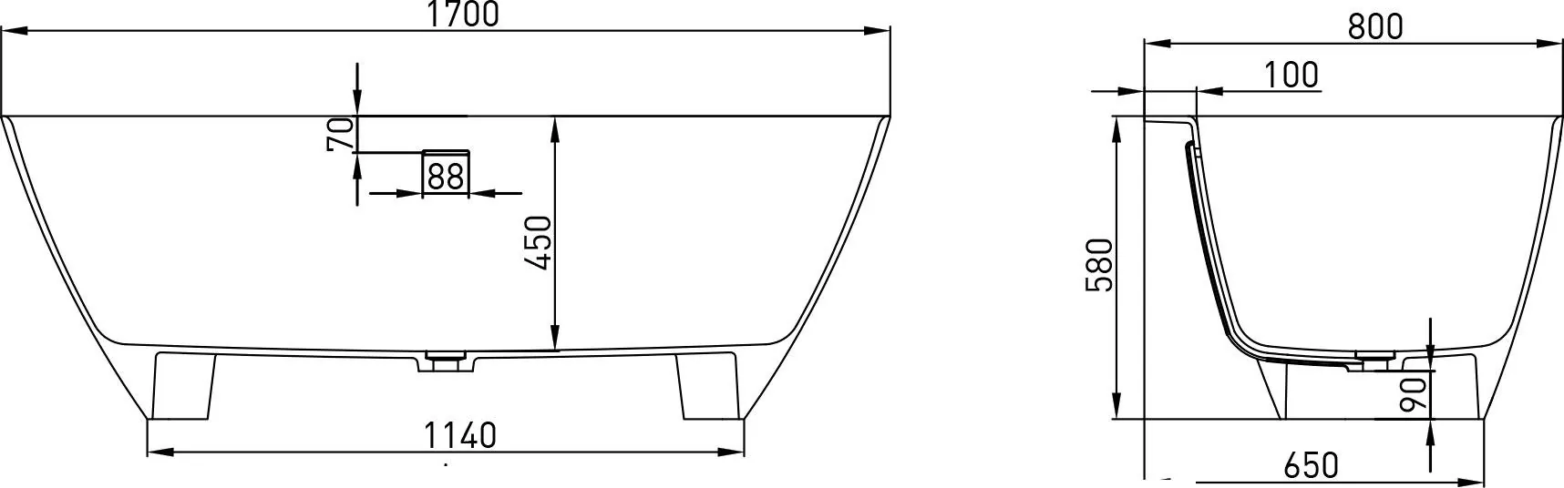 Габаритная схема Ванна из искусственного камня Salini Sofia Wall 102522M 170х80 матовая
