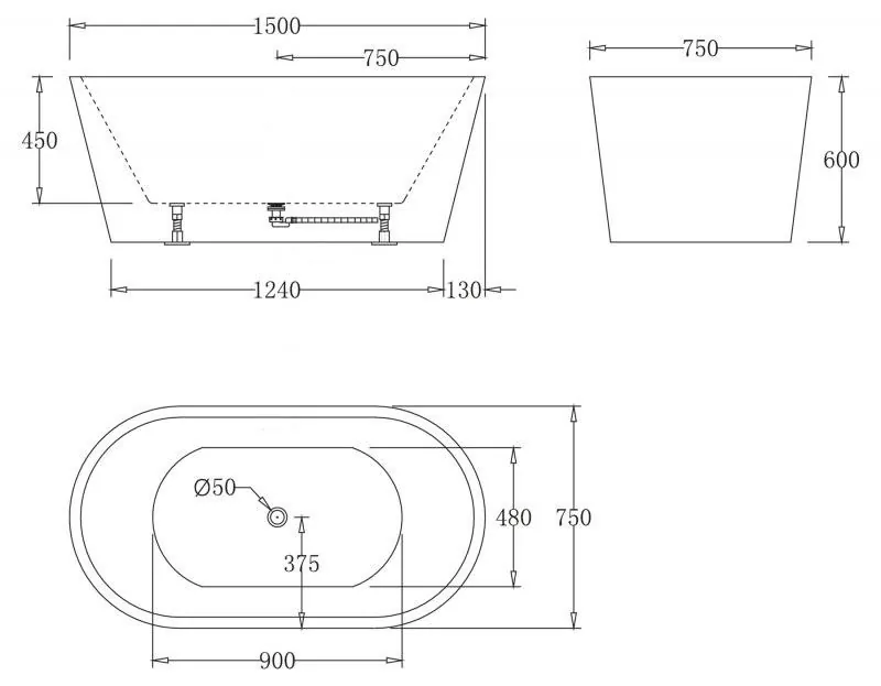 Габаритная схема Акриловая ванна BelBagno BB71-1500-W0 150х75