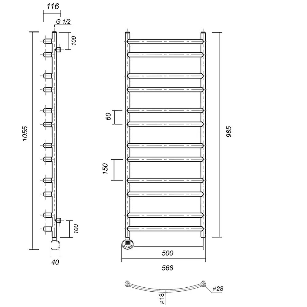 Габаритная схема Полотенцесушитель электрический Domoterm Калипсо П12 50x100 L