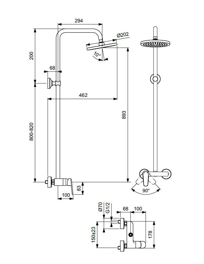 Габаритная схема Душевая стойка Vidima Balance BA272AA
