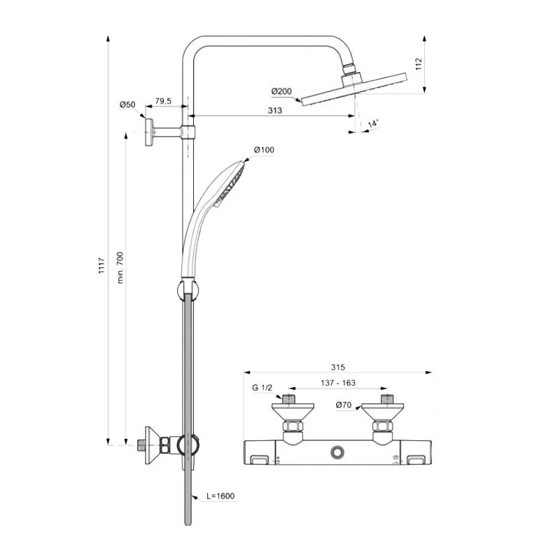 Габаритная схема Душевая стойка Ideal Standard Ceratherm T25 A7208AA