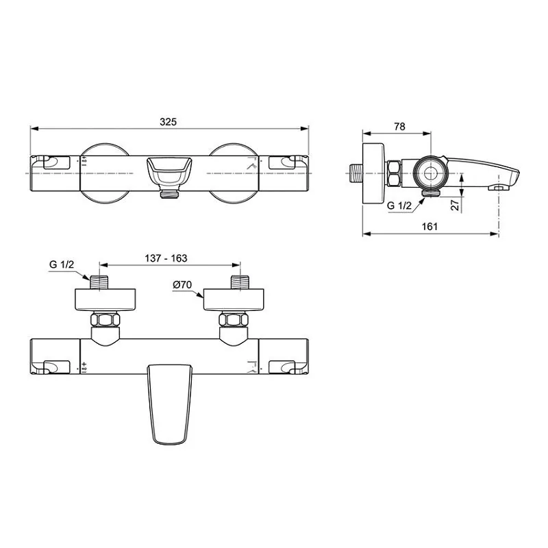 Габаритная схема Термостат Ideal Standard Ceratherm T50 A7223AA для ванны с душем