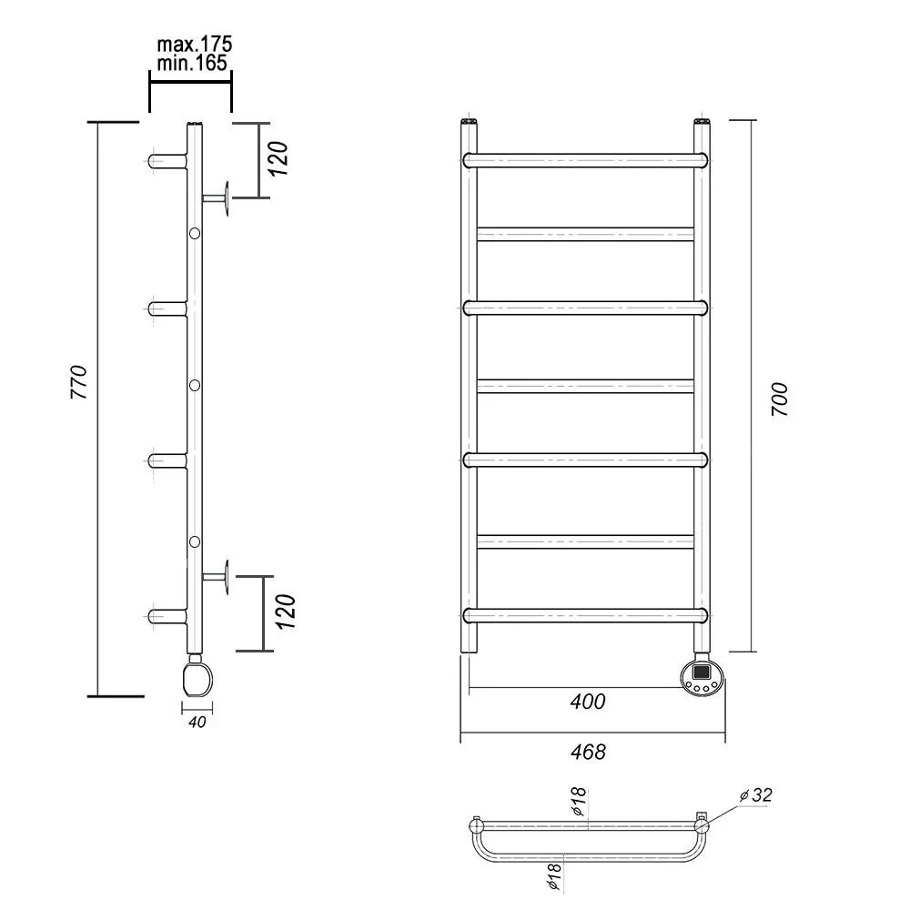 Габаритная схема Полотенцесушитель электрический Domoterm Орфей П7 40x70 R хром