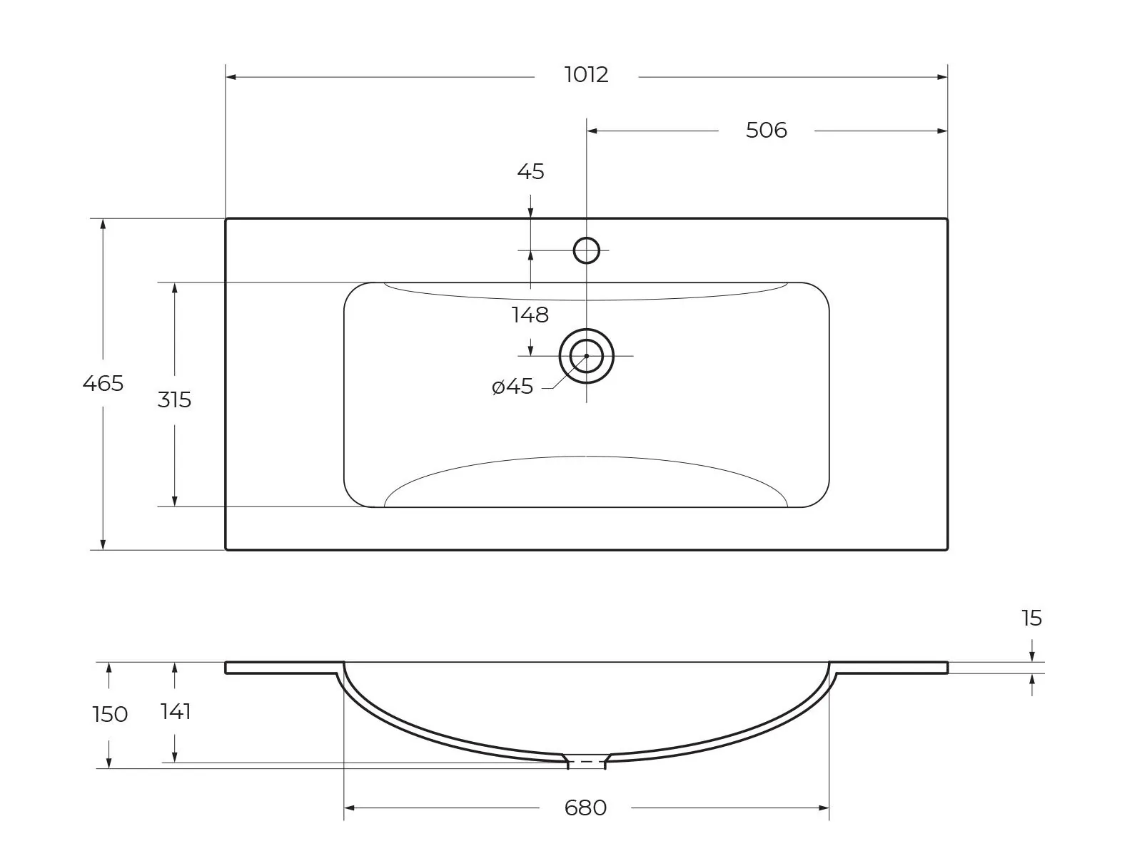 Габаритная схема Мебельная раковина BelBagno BB1010/465-LV-VTR-BO 100 см