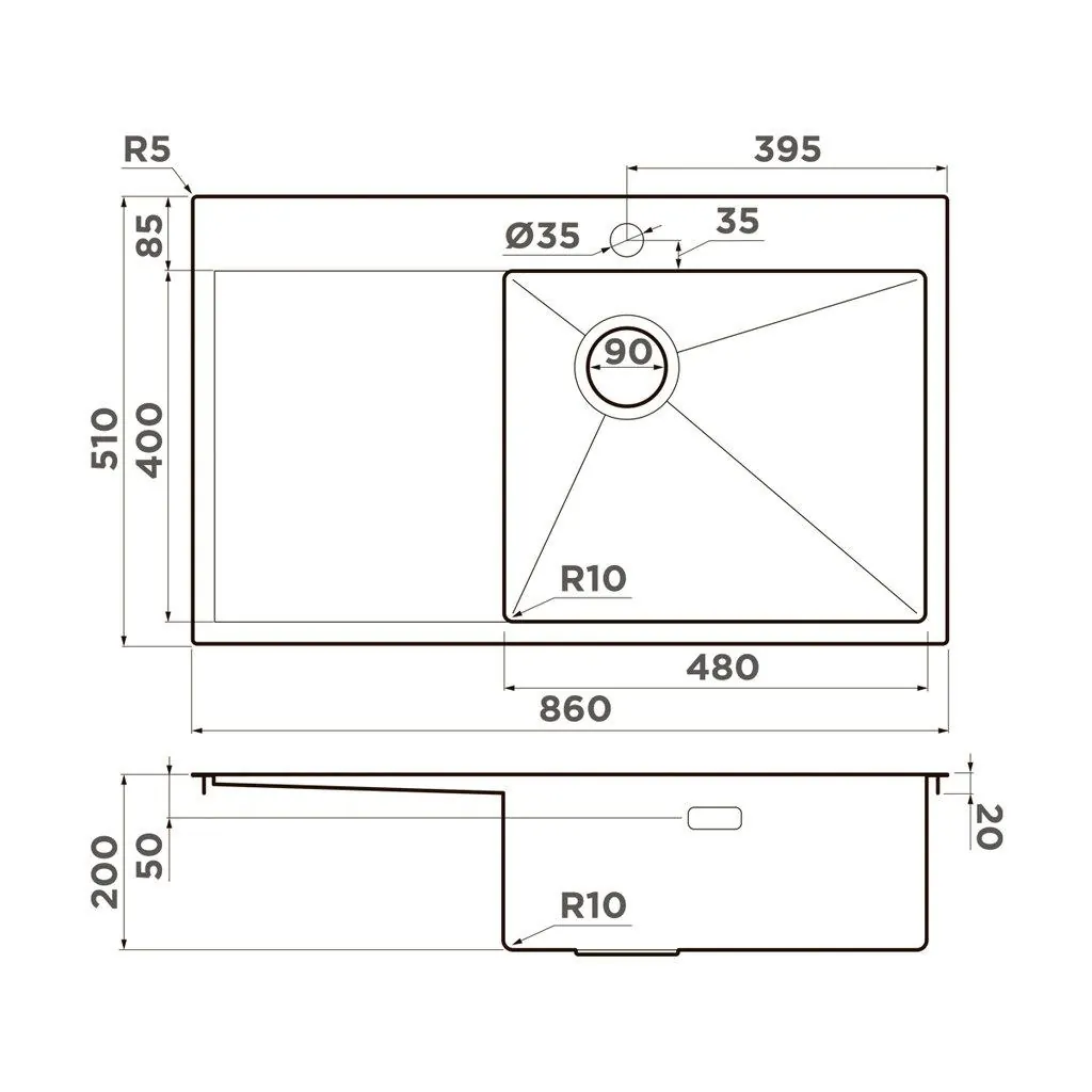 Габаритная схема Мойка кухонная Omoikiri Akisame 86-LG-R Side светлое золото