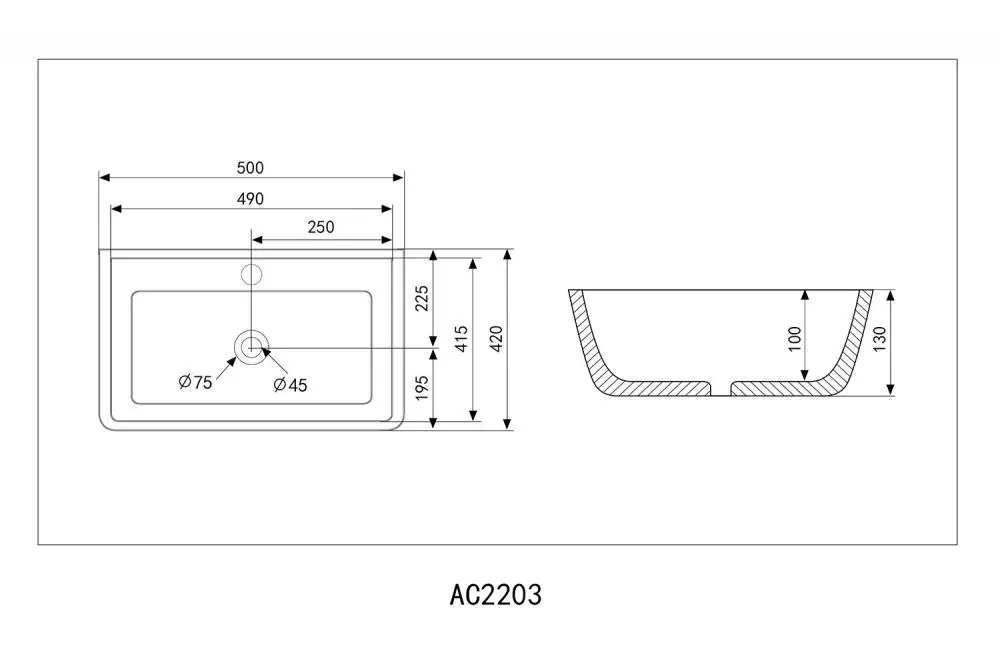 Габаритная схема Раковина Abber Rechteck AC2203MB 50 см