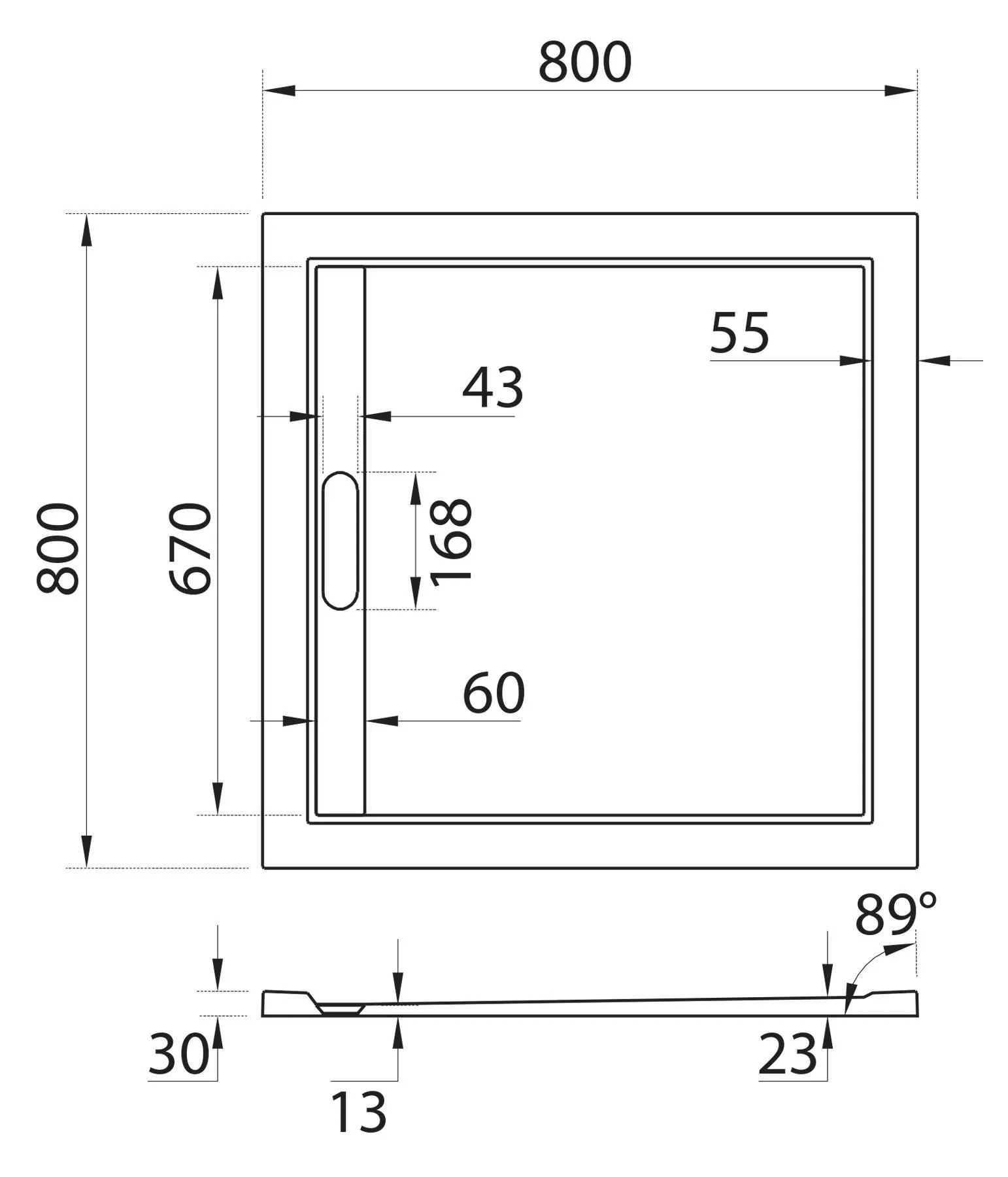 Габаритная схема Поддон для душа Cezares TRAY-AS-A-80-30-W