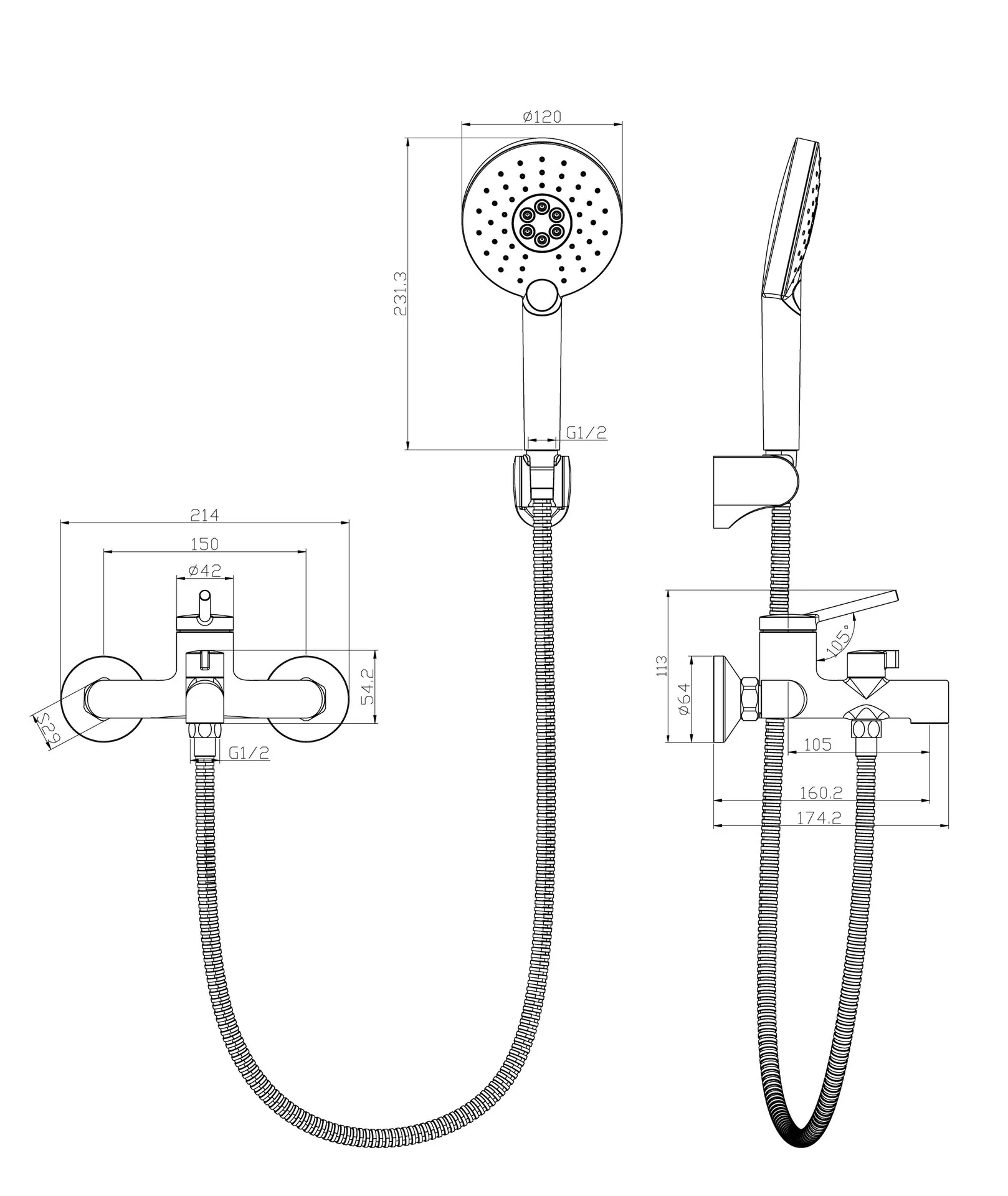 Габаритная схема Смеситель Lemark Minima LM3814C для ванны с душем