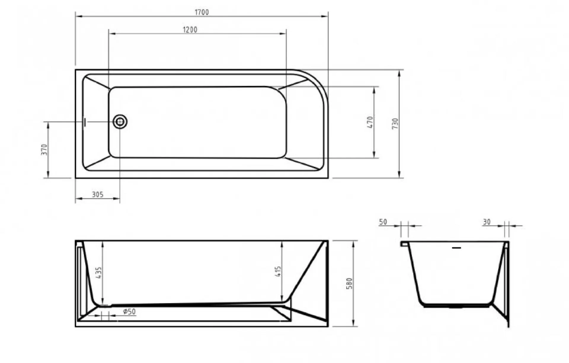 Габаритная схема Акриловая ванна BelBagno BB712-1700-730-R 170x75