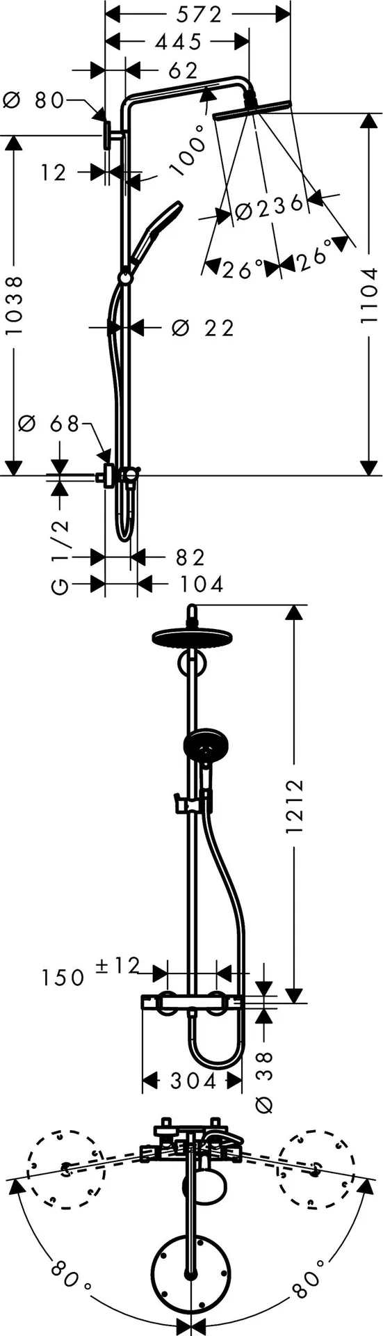 Габаритная схема Душевая стойка Hansgrohe Raindance Select S 27115000