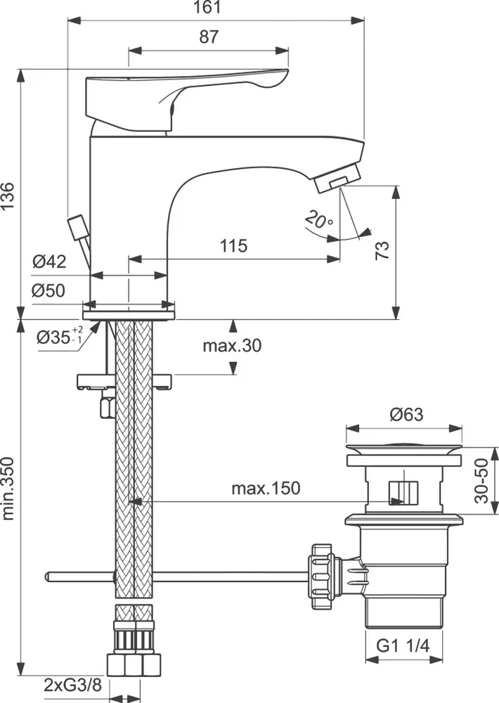 Габаритная схема Душевой комплект Ideal Standard Alpha BD004AA