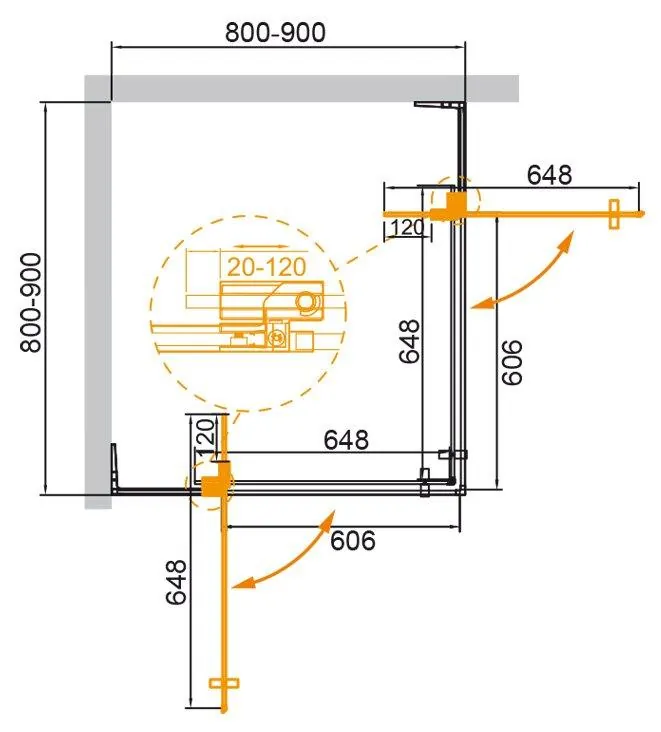 Габаритная схема Душевой уголок Cezares Slider A-2-80/90-BR-Cr
