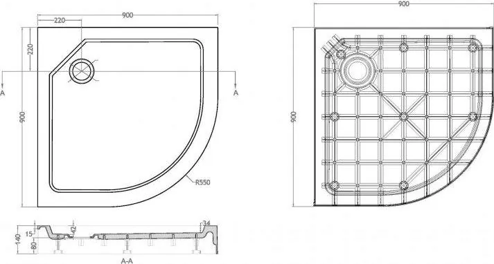 Габаритная схема Поддон для душа Cezares Tray SMC R 90x90 см